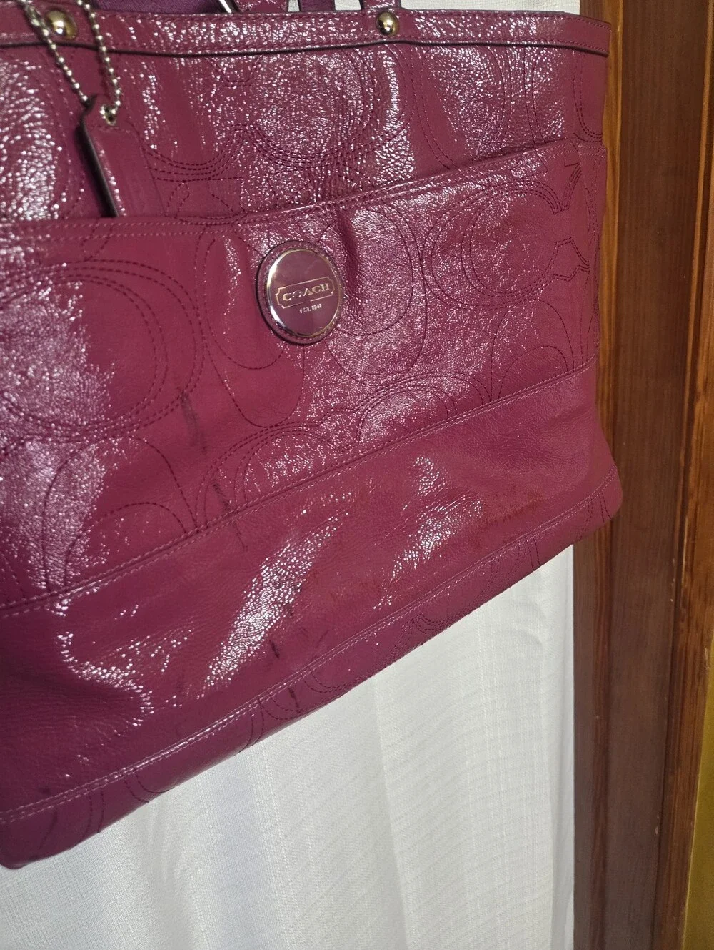 Coach F17940 Signature Fuchsia Baby Diaper Bag Tote Patent Leather